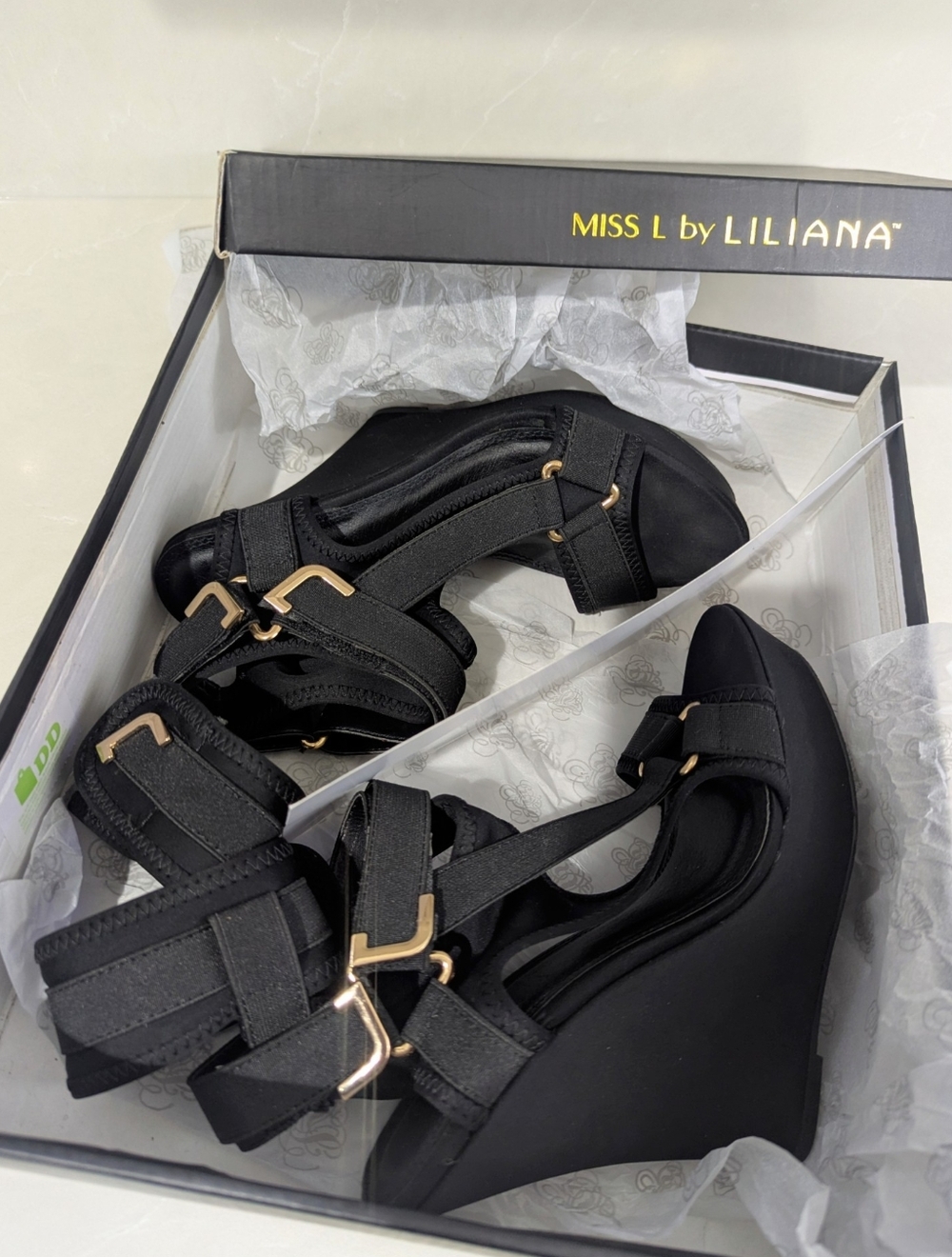 Liliana Black Wedge Sandals with Gold Accents